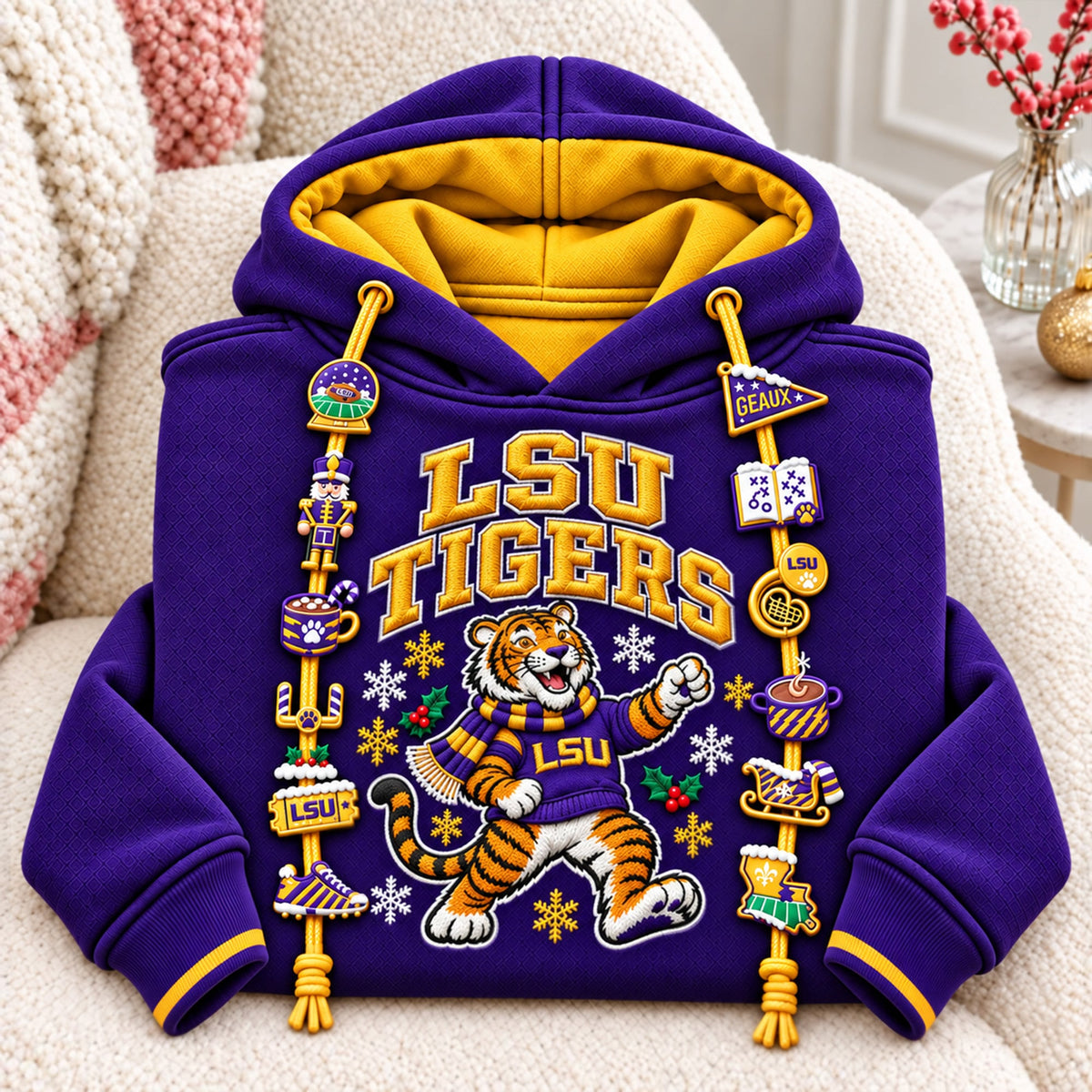 Premium LSU Christmas Embroidered Charm Hoodie PVNA