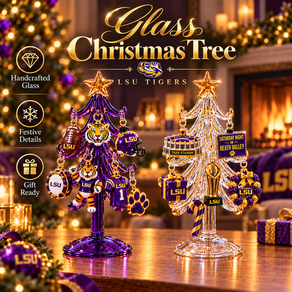LSU Premium Glass Christmas Tree With Ornaments TNSM