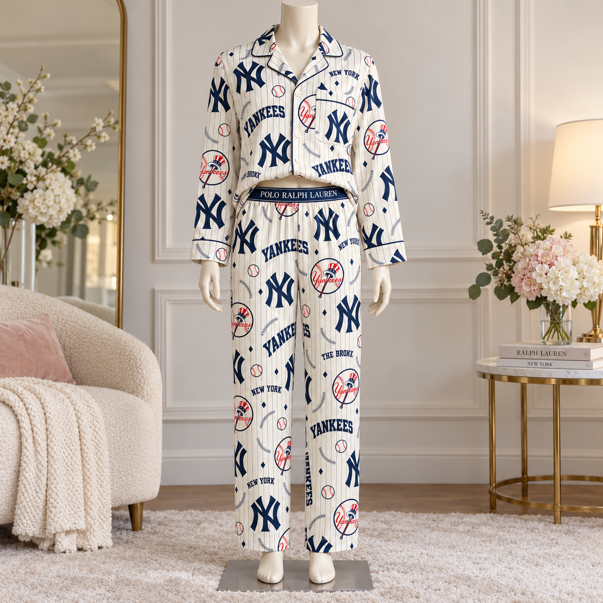 Premium NYY Women's Printed Button-Up Pajama Set HTTT