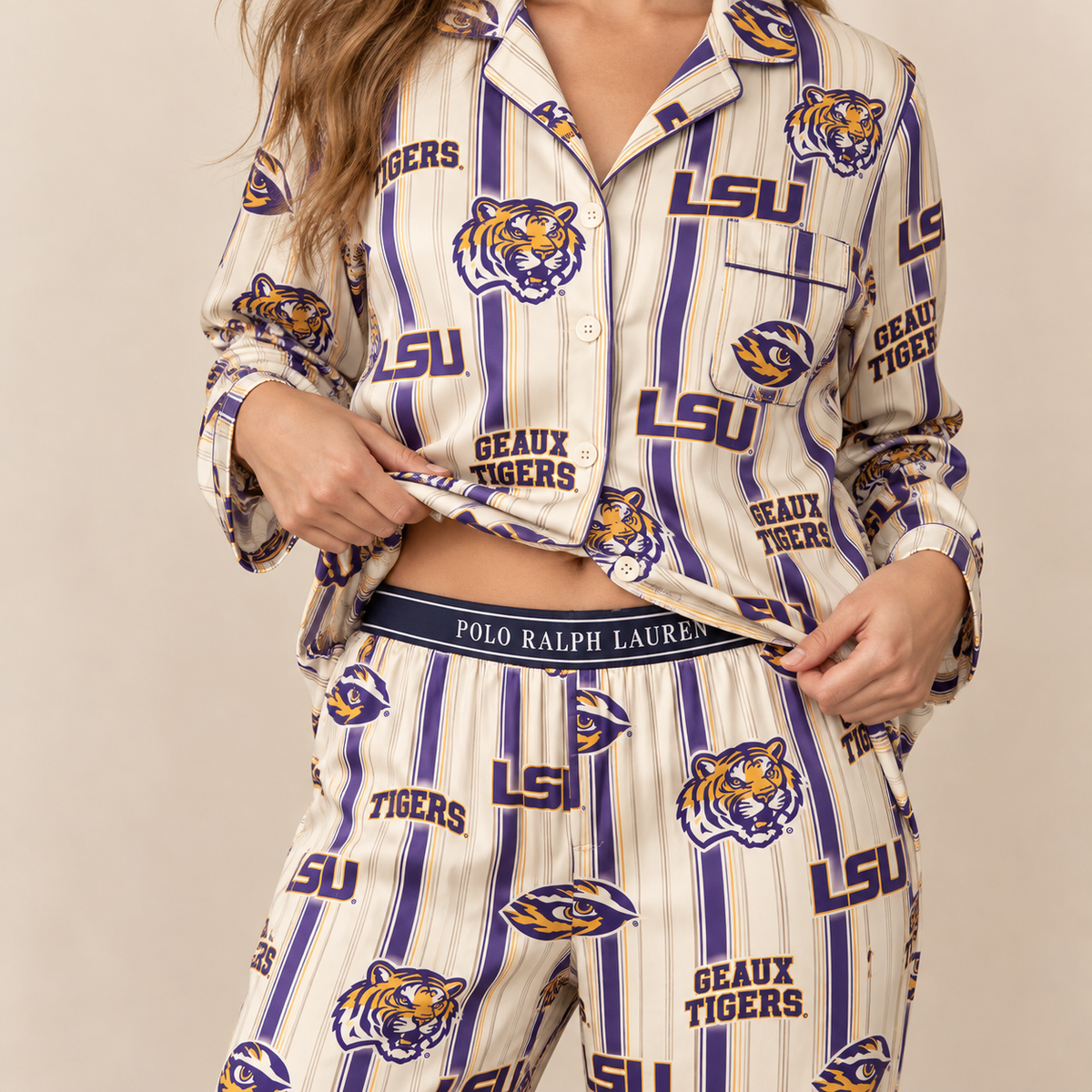 Premium LSU Women's Printed Button-Up Pajama Set HTTT